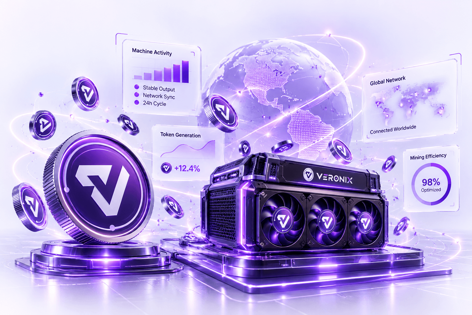 A Varonix mining machine and token beside panels for machine activity, token generation and a global network