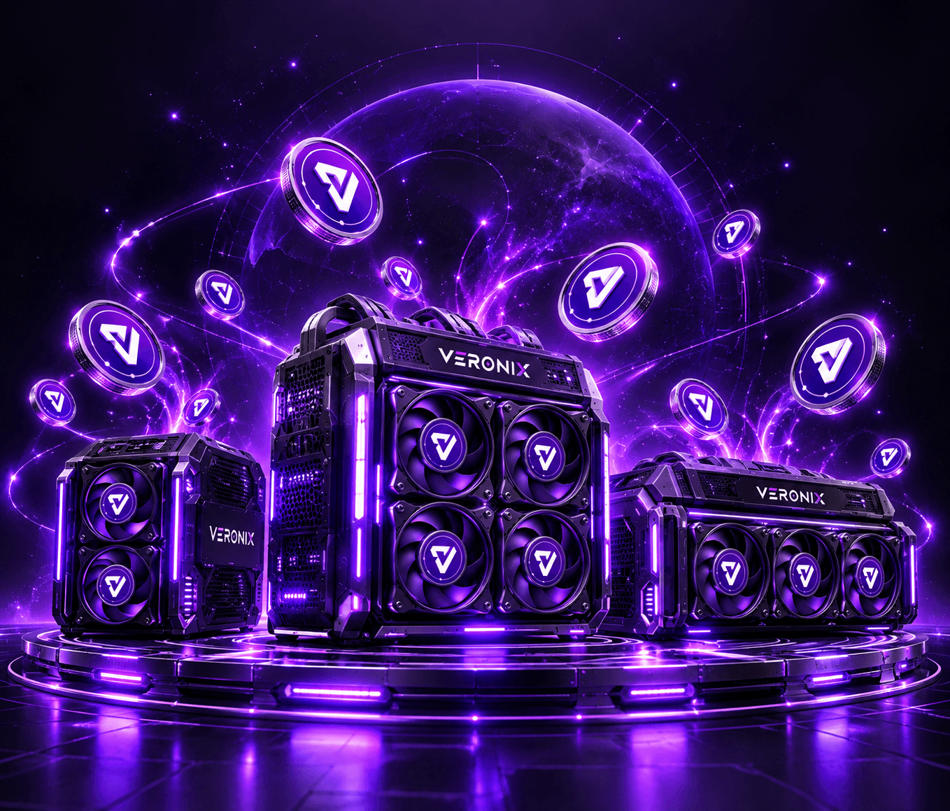Three Varonix mining machines on a lit platform, with Varonix tokens rising around them