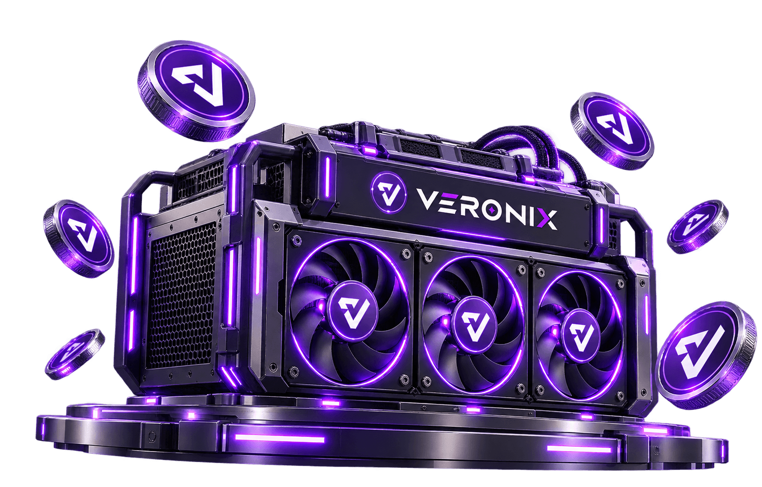 A Varonix mining machine with three fans, surrounded by Varonix tokens