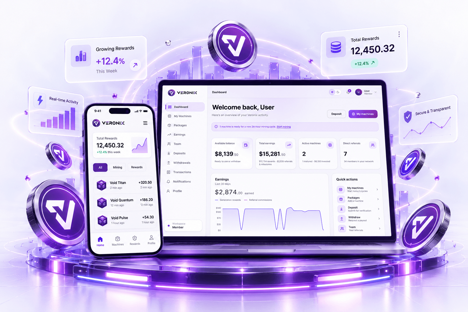 The Varonix dashboard on a laptop and a phone, showing total rewards and recent machine activity